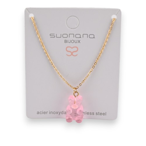 Collier acier nounours bonbon rose translucide