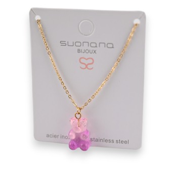 Collier acier nounours bonbon rose et violet