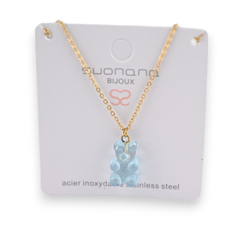 Collier acier nounours bonbon bleu ciel translucide