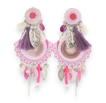 Grande boucle d'oreille clip pendant rose