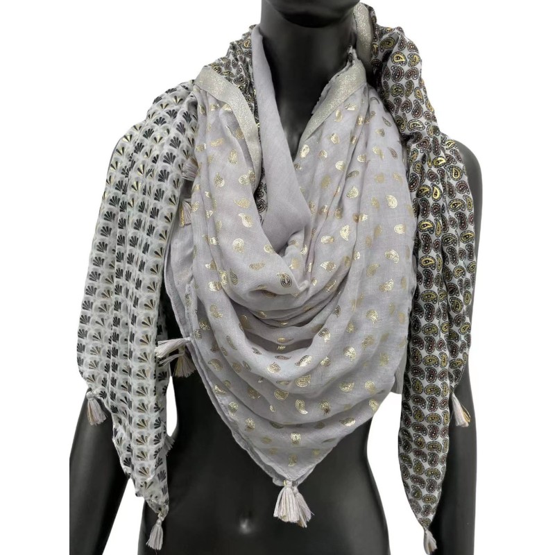 Foulard carré patchwork 4 faces gris noir