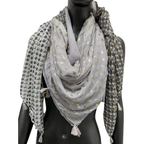 Foulard carré patchwork 4 faces gris noir