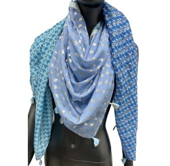 Foulard carré patchwork 4 faces nuances bleu