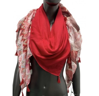 Foulard carré patchwork imprimé ginko et chevron rouge