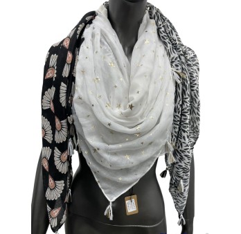 Foulard carré patchwork imprimé feuillage et queue de paon