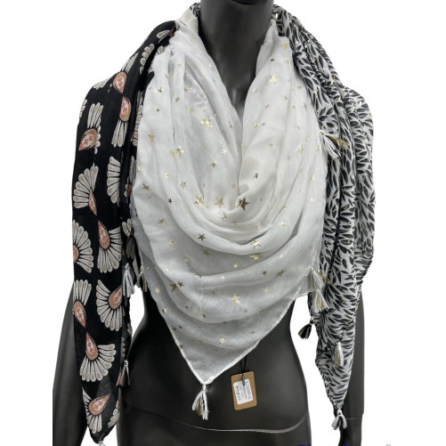 Foulard carré patchwork imprimé feuillage et queue de paon