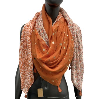 Foulard carré patchwork imprimé feuillage et liberty orange
