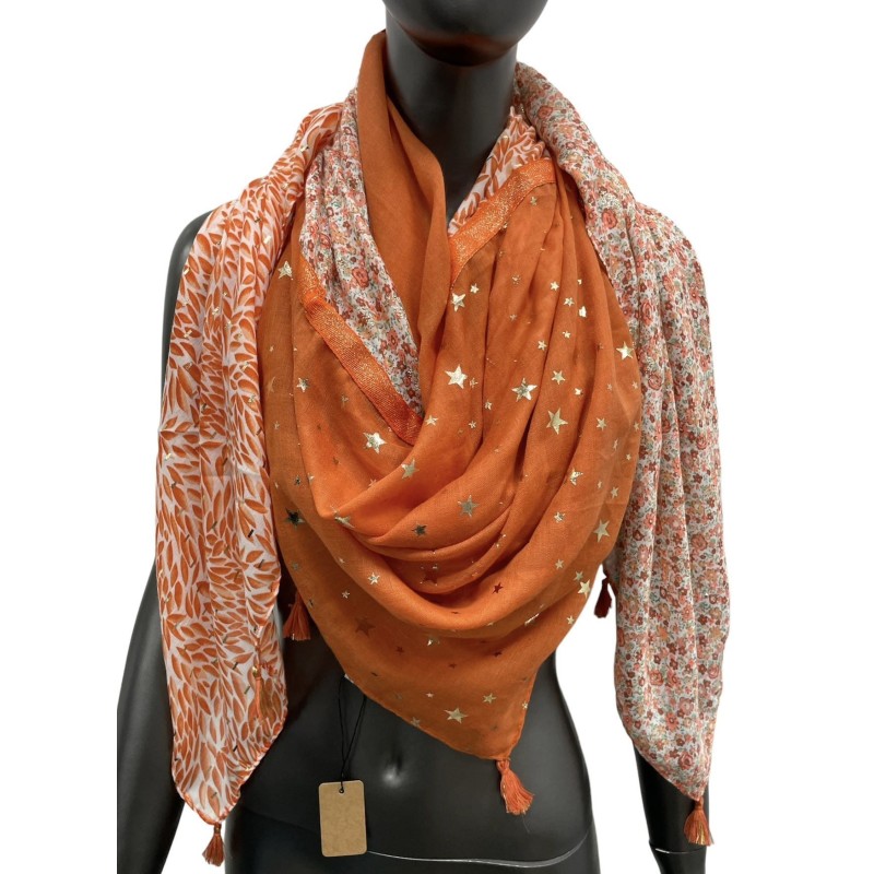 Foulard carré patchwork imprimé feuillage et liberty orange