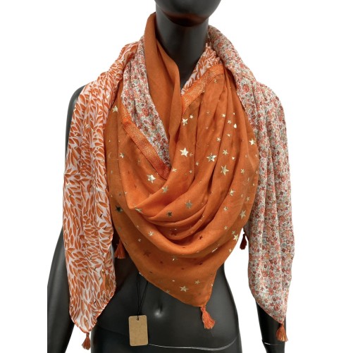 Foulard carré patchwork imprimé feuillage et liberty orange