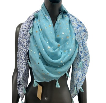 Foulard carré patchwork imprimé feuillage et liberty bleu