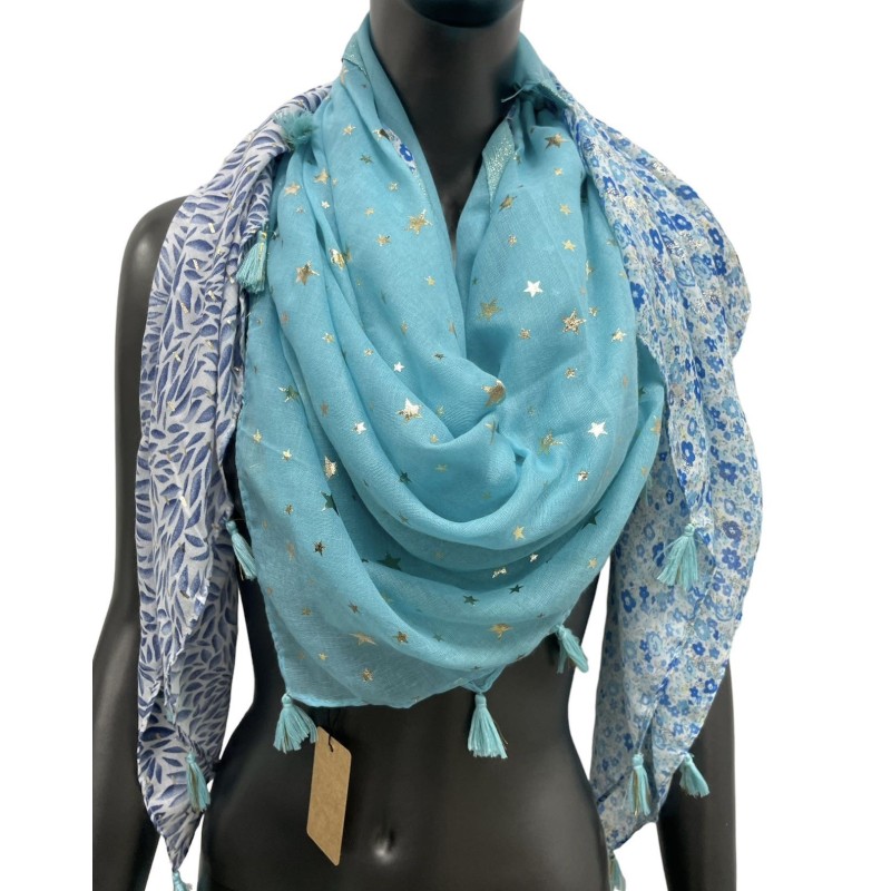 Foulard carré patchwork imprimé feuillage et liberty bleu