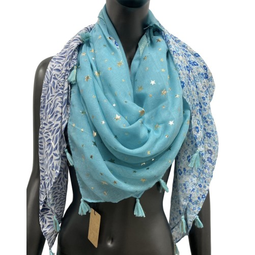 Foulard carré patchwork imprimé feuillage et liberty bleu