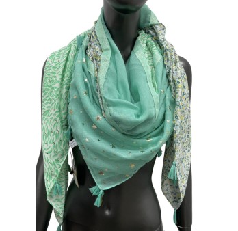 Foulard carré patchwork imprimé feuillage et liberty Vert d'eau