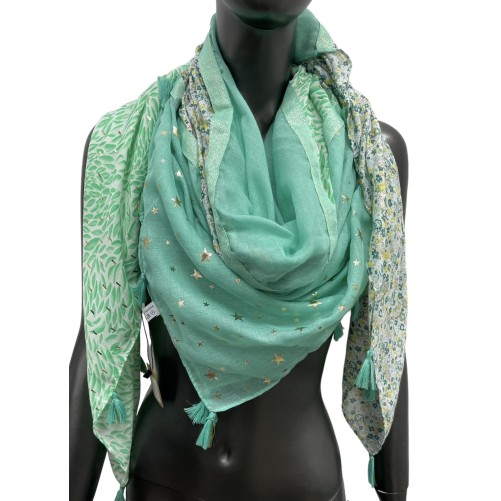 Foulard carré patchwork imprimé feuillage et liberty Vert d'eau