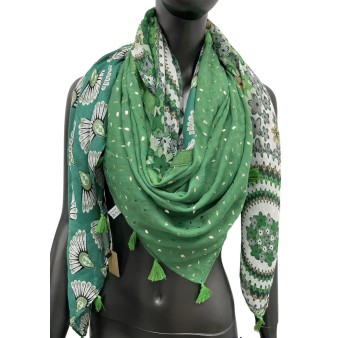 Foulard carré patchwork imprimé fleurs et queue de paon vert
