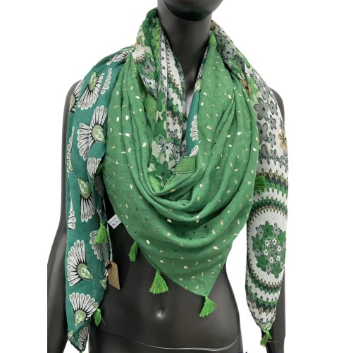 Foulard carré patchwork imprimé fleurs et queue de paon vert