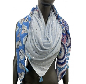 Foulard carré patchwork imprimé fleurs et queue de paon bleu