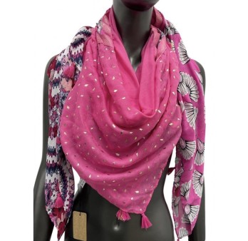 Foulard carré patchwork imprimé fleurs et queue de paon fuschia