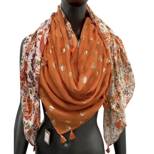 Foulard carré patchwork imprimé cachemire et liberty orange