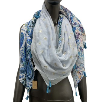 Foulard carré patchwork imprimé cachemire et liberty bleu