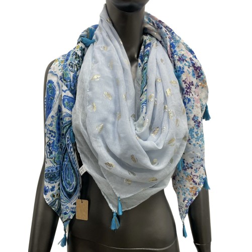 Foulard carré patchwork imprimé cachemire et liberty bleu