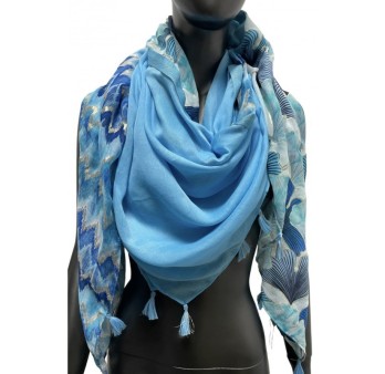 Foulard carré patchwork imprimé ginko et chevron bleu