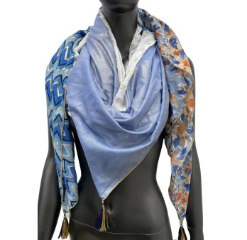 Foulard carré patchwork imprimé fleurs et zig zag