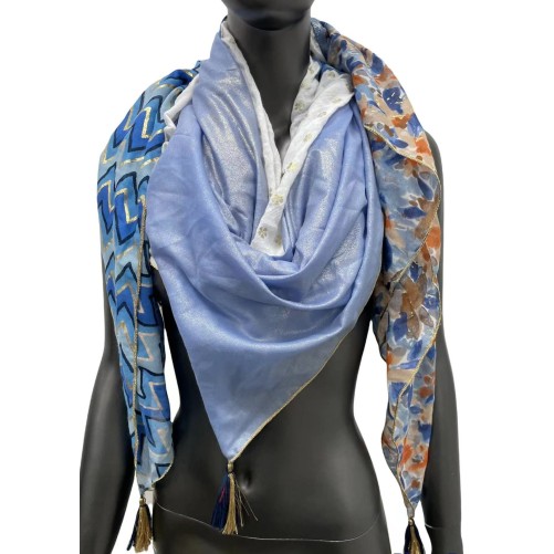 Foulard carré patchwork imprimé fleurs et zig zag