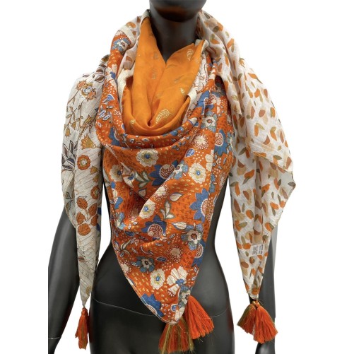 Foulard carré patchwork imprimé tâches et fleurs orange