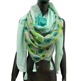 Foulard carré patchwork imprimé cercles et pois vert d'eau