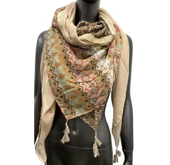 Foulard carré patchwork ethnique beige et marron