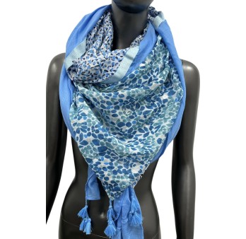 Foulard carré patchwork petites fleurs et pois bleu