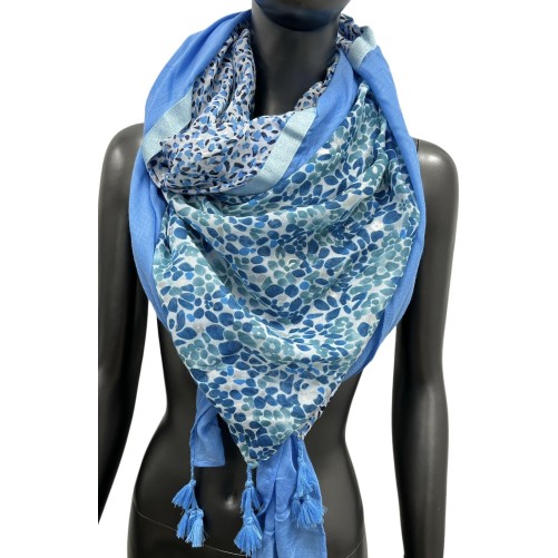 Foulard carré patchwork petites fleurs et pois bleu