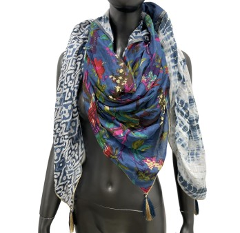 Foulard patchwork ethnique et fleurs Bleu marine