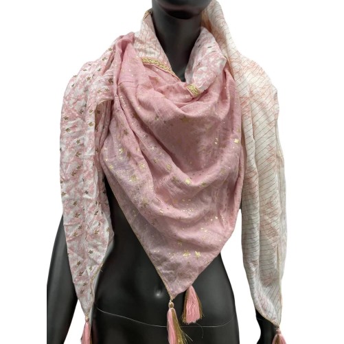 Foulard carré patchwork rose tendre étoiles