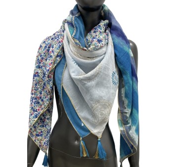 Foulard patchwork tie & dye et liberty Bleu jeans