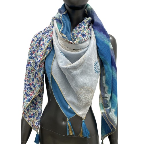 Foulard patchwork tie & dye et liberty Bleu jeans