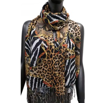 Foulard imprimé peaux animales et chaînes marron