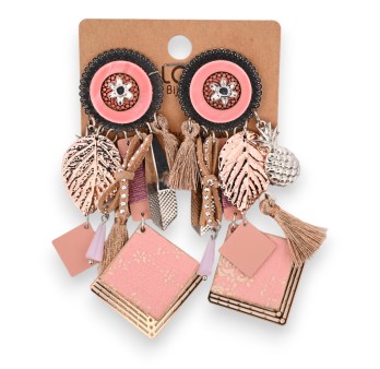 Boucles d'oreilles fantaisie clip glamour rose et cuivré