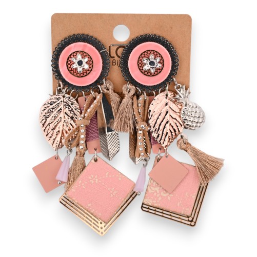 Boucles d'oreilles fantaisie clip glamour rose et cuivré