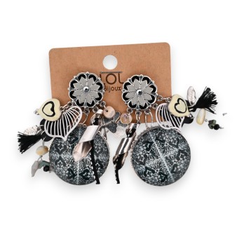 Boucles d'oreilles fantaisie à clip breloques noires et blanches