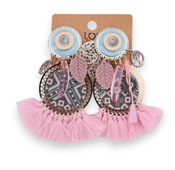 Boucles d'oreilles fantaisie à clip bohème rose pompon