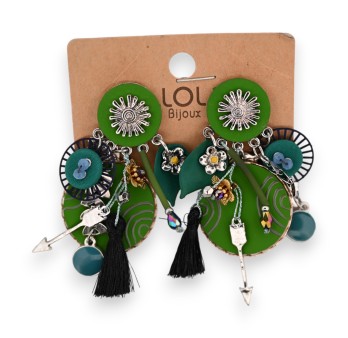 Boucles d'oreilles fantaisie à clip breloques vertes