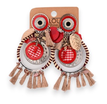 Boucles d'oreilles fantaisie à clip bohème rouge vichy