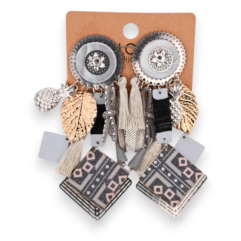Boucles d'oreilles fantaisie à clip bohème gris
