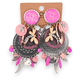 Boucles d'oreilles fantaisie à clip bohème fuchsia