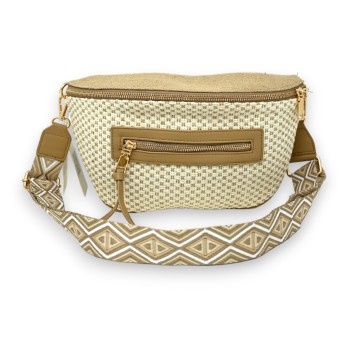Sac banane bandoulière en lin beige et taupe