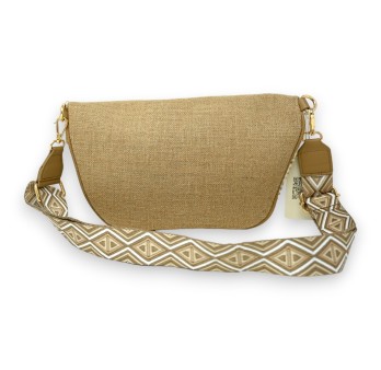 Sac banane bandoulière en lin beige et taupe