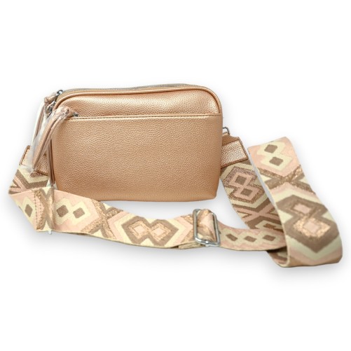 Sac bandoulière carré multi poches rose métallisé