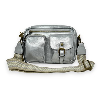 Sac bandoulière argenté rectangle multi poches